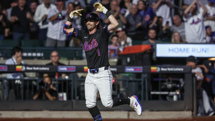 Jun 28, 2024; New York City, New York, USA;  New York Mets second baseman Jeff McNeil (1) celebrates after hitting a three-run home run in the sixth inning against the Houston Astros at Citi Field. Mandatory Credit: Wendell Cruz-USA TODAY Sports