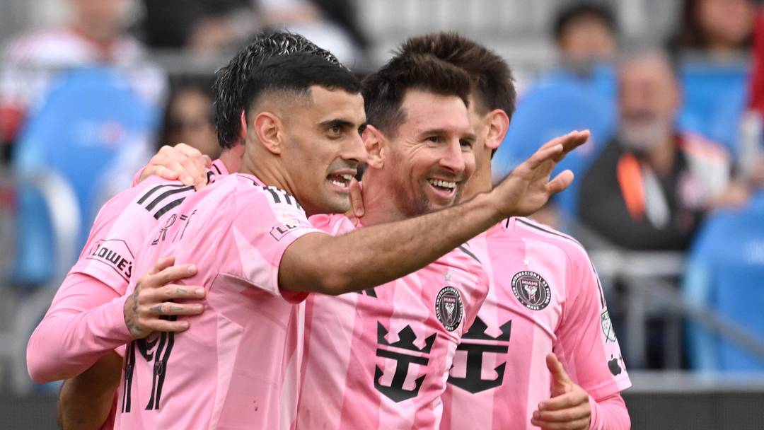 Inter Miami midfielder Lionel Messi (10) celebrates with midfielder German Berterame (19) after scoring a goal against Toronto FC in the second half Saturday at BMO Field. Mandatory Credit: Dan Hamilton-Imagn Images