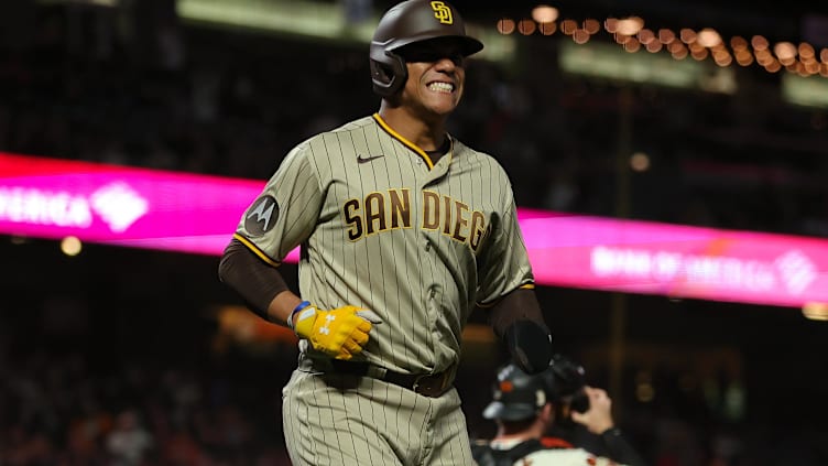 Sep 25, 2023; San Francisco, California, USA; San Diego Padres left fielder Juan Soto (22) reacts