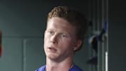 Jun 28, 2025; Houston, Texas, USA; Chicago Cubs center fielder Pete Crow-Armstrong (4) in the dugout during the third inning against the Houston Astros at Daikin Park. Mandatory Credit: Troy Taormina-Imagn Images