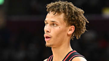 Dyson Daniels #5 of the Atlanta Hawks looks on against the Cleveland Cavaliers.