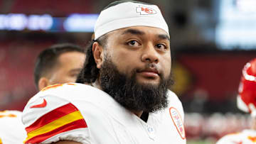Aug 9, 2025; Glendale, Arizona, USA; Kansas City Chiefs offensive tackle Esa Pole (79) against the Arizona Cardinals during a preseason NFL game at State Farm Stadium.