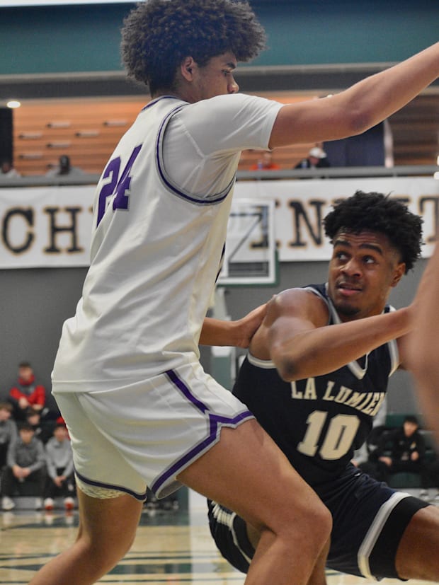 Jalen Harelson drives against Gonzaga College in La Lumiere's Les Schwab Invitational loss in Portland, Oregon. 