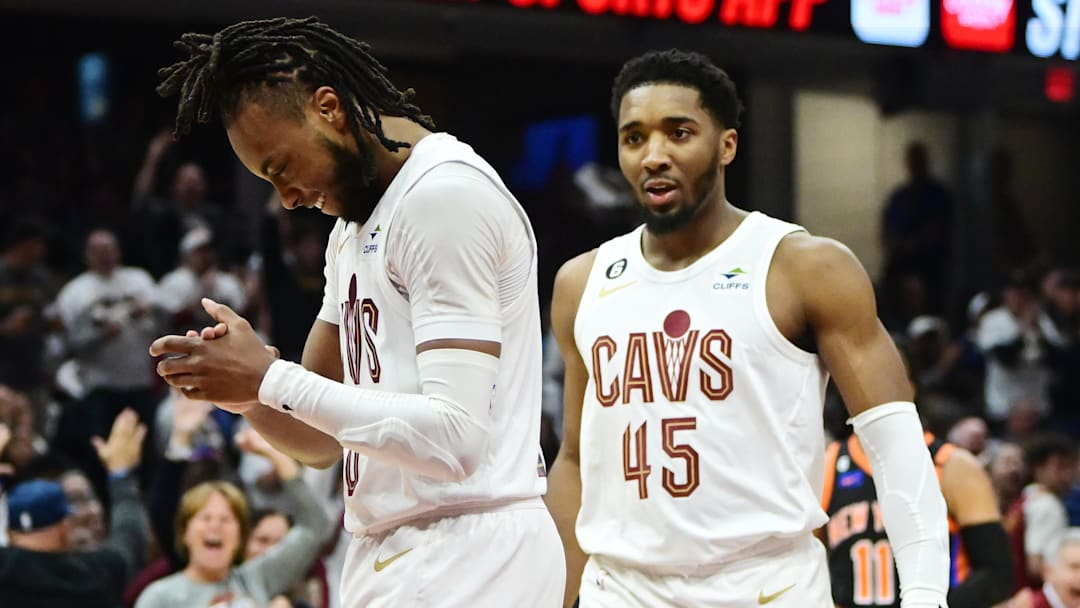 Apr 18, 2023; Cleveland, Ohio, USA; Cleveland Cavaliers guard Darius Garland (10) and guard Donovan Mitchell (45) reacts after a basket during the second quarter against the New York Knicks in game two of the 2023 NBA playoffs at Rocket Mortgage FieldHouse. Mandatory Credit: Ken Blaze-Imagn Images