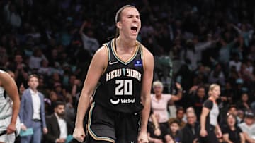 Oct 1, 2024; Brooklyn, New York, USA; New York Liberty guard Sabrina Ionescu (20) during game two of the 2024 WNBA Semi-finals at Barclays Center. Mandatory Credit: Wendell Cruz-Imagn Images
