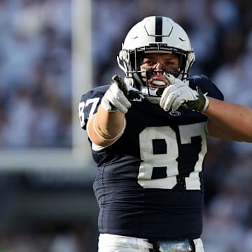 Penn State Nittany Lions tight end Andrew Rappleyea (87) reacts after running the ball during the fourth quarter against the Indiana Hoosiers at Beaver Stadium. 