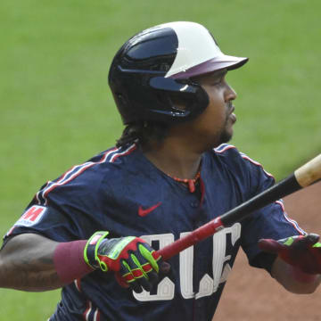 Cleveland Guardians third baseman Jose Ramirez (11) hits an RBI single in the second inning against the Toronto Blue Jays at Progressive Field on June 21.