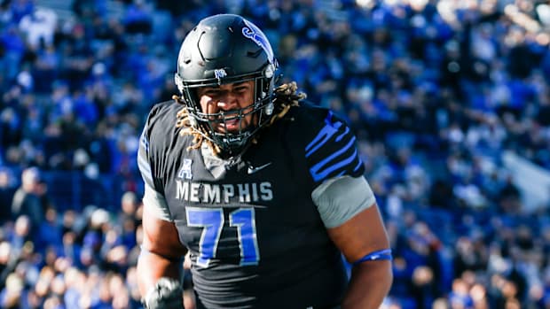 Memphis' Xavier Hill (71) celebrates after the team scored a touchdown during the game between Southern Methodist University 