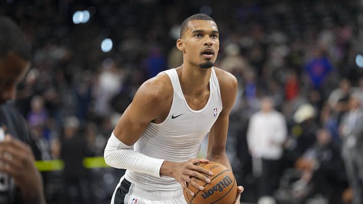 Jun 5, 2026; San Antonio, Texas, USA; San Antonio Spurs forward Victor Wembanyama (1) warms up before the game between the San Antonio Spurs and the New York Knicks in game two of the 2026 NBA Finals at Frost Bank Center. Mandatory Credit: Scott Wachter-Imagn Images