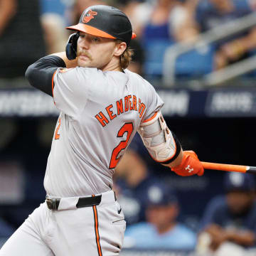Jun 9, 2024; St. Petersburg, Florida, USA;  Baltimore Orioles shortstop Gunnar Henderson (2) doubles against the Tampa Bay Rays in the third inning at Tropicana Field.