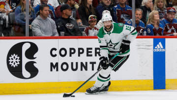 May 13, 2024; Denver, Colorado, USA; Dallas Stars center Craig Smith (15) controls the puck