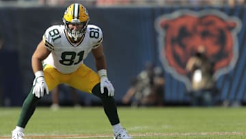 Sep 10, 2023; Chicago, Illinois, USA; Green Bay Packers tight end Josiah Deguara (81) is ready for a kickoff against the Chicago Bears at Soldier Field.