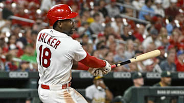 Aug 14, 2023; St. Louis, Missouri, USA;  St. Louis Cardinals right fielder Jordan Walker (18) hits a