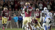 Oct 21, 2023; Tallahassee, Florida, USA; Florida State Seminoles wide receiver Keon Coleman (4) celebrates after a first down catch during the second half against the Duke Blue Devils at Doak S. Campbell Stadium. Mandatory Credit: Melina Myers-USA TODAY Sports