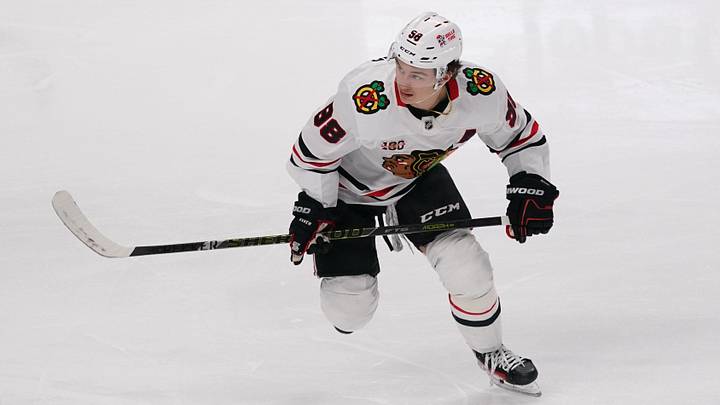 Apr 6, 2026; San Jose, California, USA;  Chicago Blackhawks center Connor Bedard (98) controls the puck against the San Jose Sharks in the third period at SAP Center at San Jose. Mandatory Credit: David Gonzales-Imagn Images
