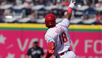 Feb 27, 2025; Clearwater, Florida, USA; Philadelphia Phillies outfielder Johan Rojas (18) waves to the fans after hitting a two-run home run against the New York Yankees during the second inning at BayCare Ballpark.