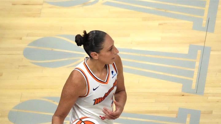 Jun 29, 2022; Phoenix, Arizona, USA; Phoenix Mercury guard Diana Taurasi (3) in bounds the ball against the Indiana Fever during the first half at Footprint Center. Mandatory Credit: Joe Camporeale-Imagn Images