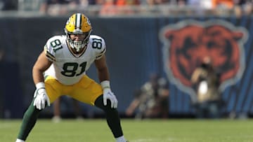 Sep 10, 2023; Chicago, Illinois, USA; Green Bay Packers tight end Josiah Deguara (81) is ready for a kick off against the Chicago Bears at Soldier Field. Mandatory Credit: Dan Powers-Imagn Images