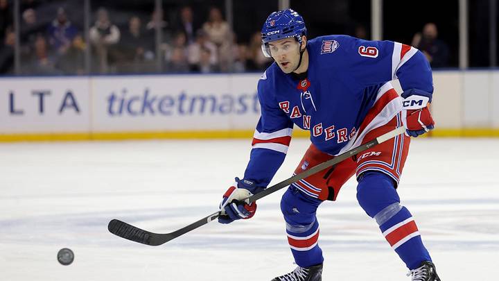 Mar 2, 2026; New York, New York, USA; New York Rangers defenseman Vincent Iorio (6) plays the puck against the Columbus Blue Jackets during the second period at Madison Square Garden. Mandatory Credit: Brad Penner-Imagn Images Mar 2, 2026; New York, New York, USA; New York Rangers defenseman Vincent Iorio (6) plays the puck against the Columbus Blue Jackets during the second period at Madison Square Garden. Mandatory Credit: Brad Penner-Imagn Images