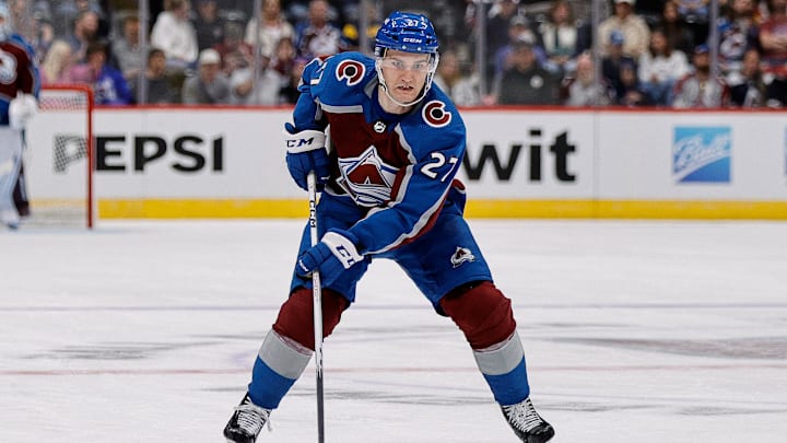 Sep 25, 2023; Denver, Colorado, USA; Colorado Avalanche right wing Oskar Olausson (27) controls the puck in the second period against the Vegas Golden Knights at Ball Arena. Mandatory Credit: Isaiah J. Downing-Imagn Images Sep 25, 2023; Denver, Colorado, USA; Colorado Avalanche right wing Oskar Olausson (27) controls the puck in the second period against the Vegas Golden Knights at Ball Arena. Mandatory Credit: Isaiah J. Downing-Imagn Images