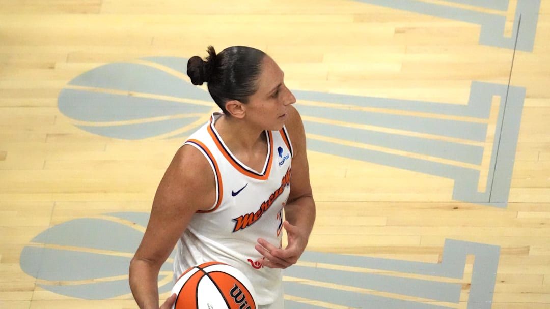 Jun 29, 2022; Phoenix, Arizona, USA; Phoenix Mercury guard Diana Taurasi (3) in bounds the ball against the Indiana Fever during the first half at Footprint Center. Mandatory Credit: Joe Camporeale-Imagn Images