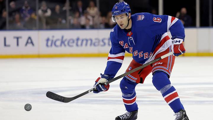 Mar 2, 2026; New York, New York, USA; New York Rangers defenseman Vincent Iorio (6) plays the puck against the Columbus Blue Jackets during the second period at Madison Square Garden. Mandatory Credit: Brad Penner-Imagn Images Mar 2, 2026; New York, New York, USA; New York Rangers defenseman Vincent Iorio (6) plays the puck against the Columbus Blue Jackets during the second period at Madison Square Garden. Mandatory Credit: Brad Penner-Imagn Images