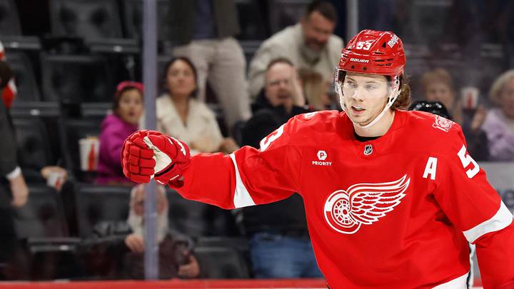 Nov 13, 2025; Detroit, Michigan, USA;  Detroit Red Wings defenseman Moritz Seider (53) celebrates after scoring in the second period against the Anaheim Ducks at Little Caesars Arena. Mandatory Credit: Rick Osentoski-Imagn Images