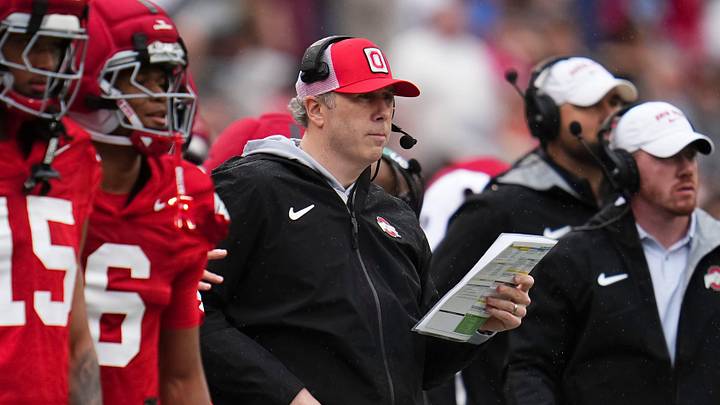 Ohio State Buckeyes offensive coordinator Arthur Smith watches during the Ohio State football spring game at Ohio Stadium in Columbus on April 18, 2026.