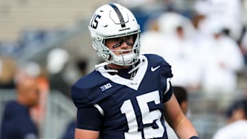 Oct 11, 2025; University Park, Pennsylvania, USA; Penn State Nittany Lions quarterback Drew Allar (15) stands on the field during a warmup prior to the game against the Northwestern Wildcats at Beaver Stadium. Mandatory Credit: Matthew O'Haren-Imagn Images