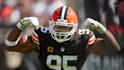 Cleveland Browns defensive end Myles Garrett (95) celebrates after sacking Cincinnati Bengals quarterback Joe Burrow (9) during the second half of an NFL football game at Huntington Bank Field, Sept. 7, 2025, in Cleveland, Ohio.