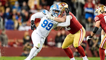 Detroit Lions defensive end Za'Darius Smith (99) pressures San Francisco 49ers offensive tackle Austen Pleasants (62) during the second half at Levi's Stadium in Santa Clara, Calif. on Monday, Dec. 30, 2024.