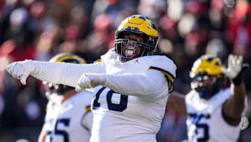 Michigan defensive lineman Kenneth Grant (78) celebrates after Ohio State misses a field goal during the second half at Ohio Stadium in Columbus, Ohio on Saturday, Nov. 30, 2024.