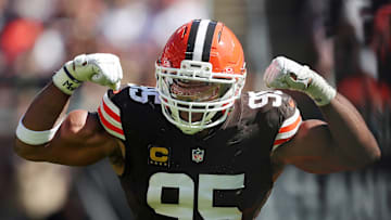 Cleveland Browns defensive end Myles Garrett (95) celebrates after sacking Cincinnati Bengals quarterback Joe Burrow (9) during the second half of an NFL football game at Huntington Bank Field, Sept. 7, 2025, in Cleveland, Ohio.