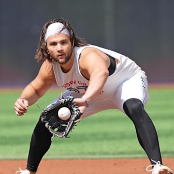 Toronto Blue Jays shortstop Bo Bichette (11) fields balls during batting practice before game against the Philadelphia Phillies at Rogers Centre on Sept 4.