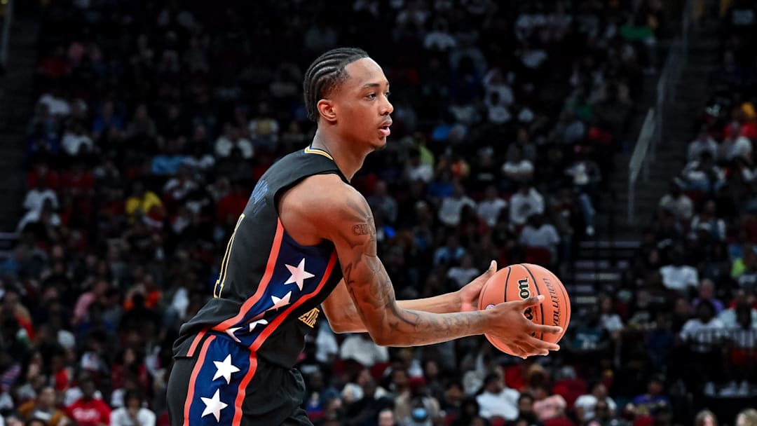 Mar 28, 2023; Houston, TX, USA; McDonald's All American West forward Ron Holland (1) in action Mar 28, 2023; Houston, TX, USA; McDonald's All American West forward Ron Holland (1) in action