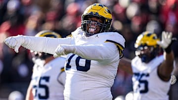 Michigan defensive lineman Kenneth Grant (78) celebrates after Ohio State misses a field goal during the second half at Ohio Stadium in Columbus, Ohio on Saturday, Nov. 30, 2024.