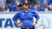 Sep 20, 2025; Memphis, Tennessee, USA; Memphis Tigers Head Coach Ryan Silverfield looks on against the Arkansas Razorbacks during the second half at Simmons Bank Liberty Stadium. Mandatory Credit: Wesley Hale-Imagn Images