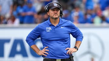 Sep 20, 2025; Memphis, Tennessee, USA; Memphis Tigers Head Coach Ryan Silverfield looks on against the Arkansas Razorbacks during the second half at Simmons Bank Liberty Stadium. Mandatory Credit: Wesley Hale-Imagn Images