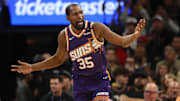 Jan 9, 2025; Phoenix, Arizona, USA; Phoenix Suns forward Kevin Durant (35) reacts against the Atlanta Hawks in the second half at Footprint Center. Mandatory Credit: Mark J. Rebilas-Imagn Images