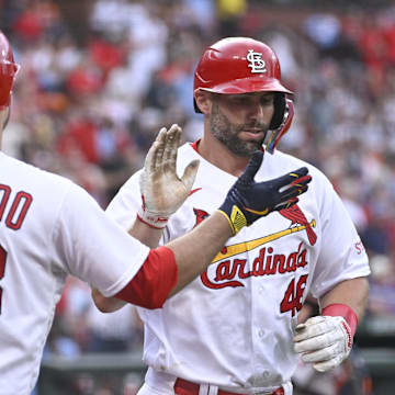 Jun 28, 2023; St. Louis, Missouri, USA; St. Louis Cardinals first baseman Paul Goldschmidt (46) is congratulated by St. Louis Cardinals third baseman Nolan Arenado (28) after Goldschmidt hits a solo home run against the Houston Astros in the second inning at Busch Stadium. Mandatory Credit: Joe Puetz-Imagn Images