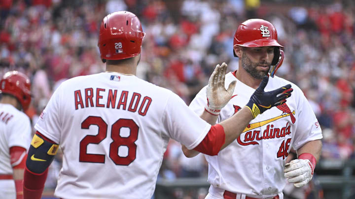 Jun 28, 2023; St. Louis, Missouri, USA; St. Louis Cardinals first baseman Paul Goldschmidt (46) is congratulated by St. Louis Cardinals third baseman Nolan Arenado (28) after Goldschmidt hits a solo home run against the Houston Astros in the second inning at Busch Stadium. Mandatory Credit: Joe Puetz-Imagn Images