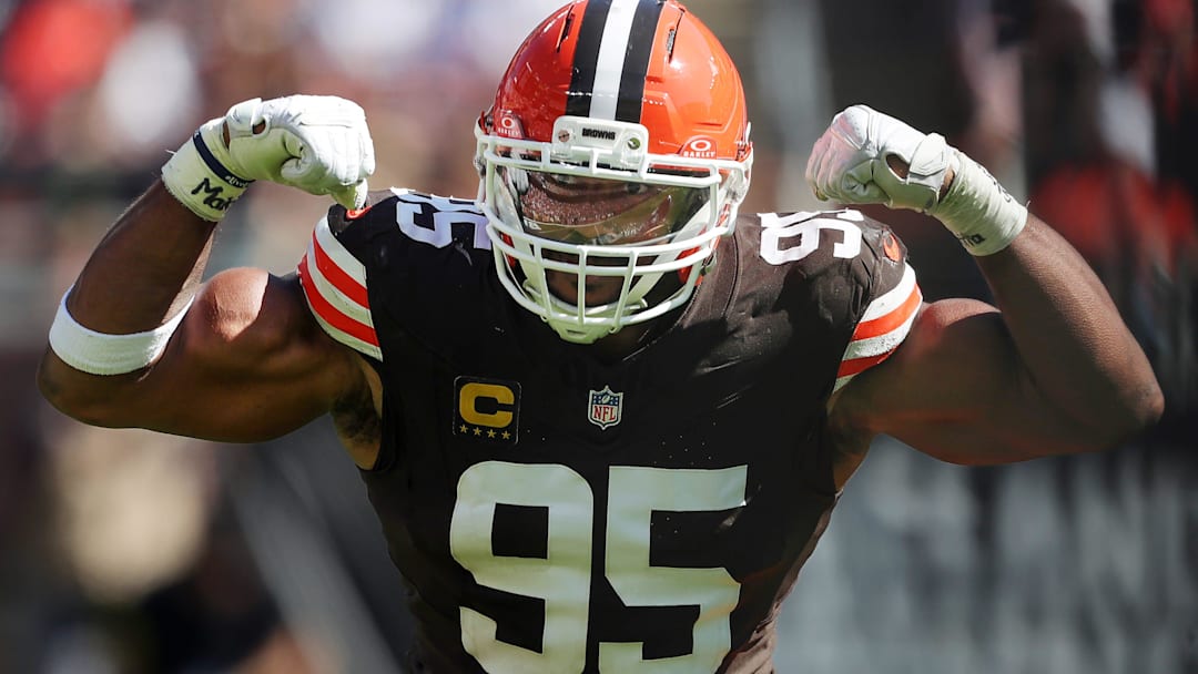 Cleveland Browns defensive end Myles Garrett celebrates after sacking Cincinnati Bengals quarterback Joe Burrow on Sept. 7, 2025, in Cleveland.