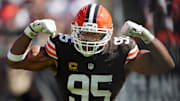 Cleveland Browns defensive end Myles Garrett (95) celebrates after sacking Cincinnati Bengals quarterback Joe Burrow (9) during the second half of an NFL football game at Huntington Bank Field, Sept. 7, 2025, in Cleveland, Ohio.