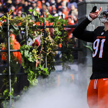 Dec 22, 2024; Cincinnati, Ohio, USA; Cincinnati Bengals defensive end Trey Hendrickson (91) runs onto the field before the game against the Cleveland Browns at Paycor Stadium. Mandatory Credit: Katie Stratman-Imagn Images