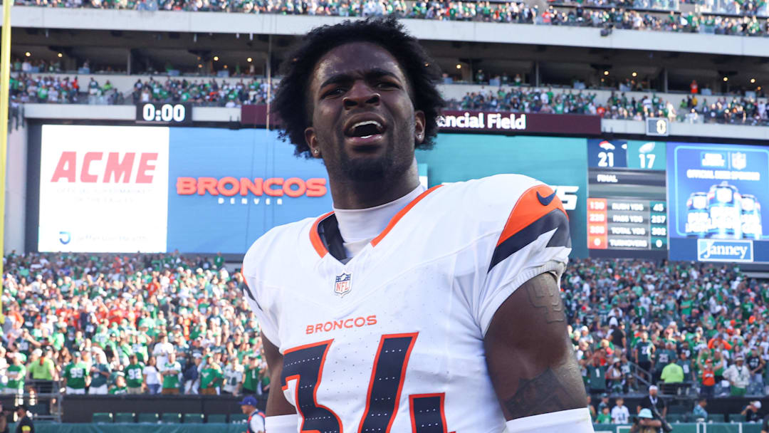 Oct 5, 2025; Philadelphia, Pennsylvania, USA; Denver Broncos safety JL Skinner (34) reacts after a defensive stop the end the game with a win against the Philadelphia Eagles at Lincoln Financial Field. 