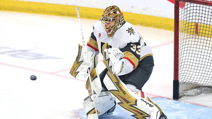 Mar 24, 2026; Winnipeg, Manitoba, CAN; Vegas Golden Knights goaltender Adin Hill (33) warms up before a game against the Winnipeg Jets at Canada Life Centre. Mandatory Credit: James Carey Lauder-Imagn Images