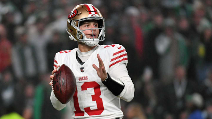 Dec 3, 2023; Philadelphia, Pennsylvania, USA; San Francisco 49ers quarterback Brock Purdy (13) against the Philadelphia Eagles at Lincoln Financial Field. Mandatory Credit: Eric Hartline-Imagn Images Dec 3, 2023; Philadelphia, Pennsylvania, USA; San Francisco 49ers quarterback Brock Purdy (13) against the Philadelphia Eagles at Lincoln Financial Field. Mandatory Credit: Eric Hartline-Imagn Images