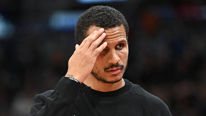 Oct 10, 2025; Toronto, Ontario, CAN;  Boston Celtics head coach Joe Mazzulla reacts to an official's call in the first half against the Toronto Raptors at Scotiabank Arena. Mandatory Credit: Dan Hamilton-Imagn Images