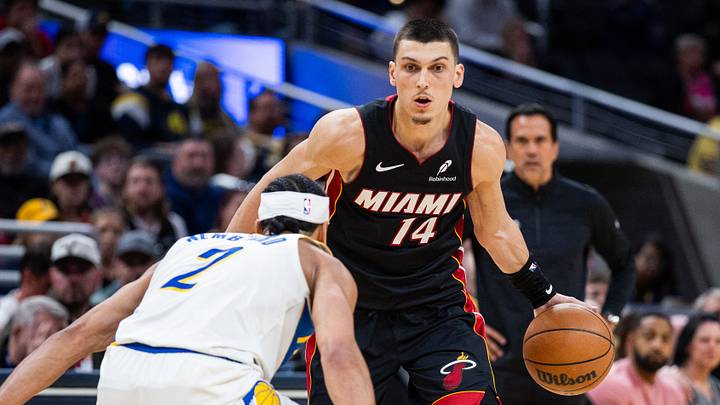 Mar 29, 2026; Indianapolis, Indiana, USA;  Miami Heat guard Tyler Herro (14) dribbles the ball while Indiana Pacers guard Andrew Nembhard (2) defends in the second half at Gainbridge Fieldhouse. Mandatory Credit: Trevor Ruszkowski-Imagn Images