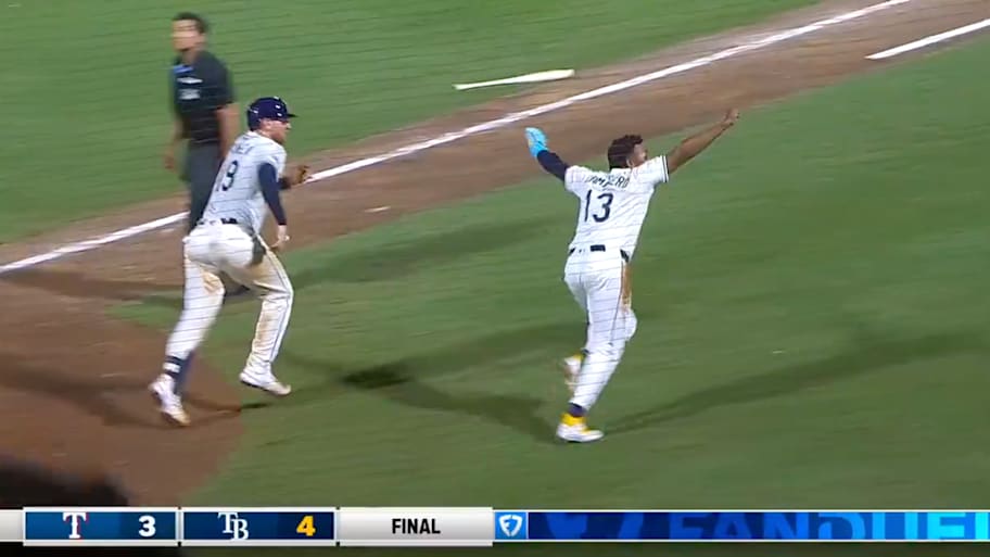 Caminero celebrates scoring the game-winning run as the Rays beat the Rangers 4-3. | Screengrab via @MLB on X/Twitter and FanDuel Sports Network Sun